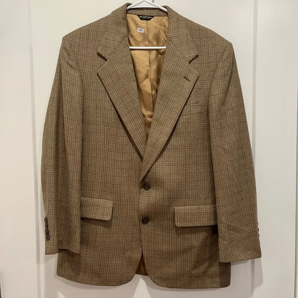 Mark Shale Mens 100% Pure Wool Blazer Sport Coat Tan Brown Check Made in USA